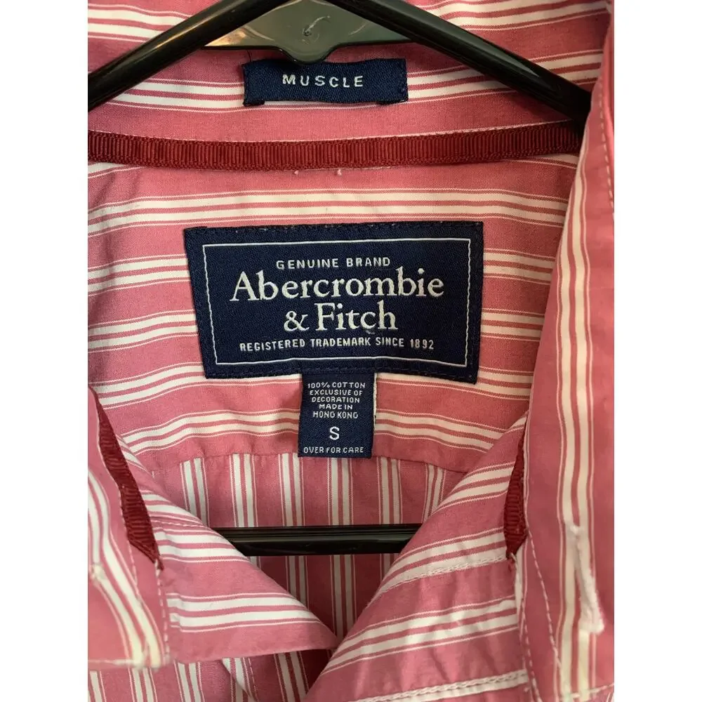 Abercrombie and Fitch men’s muscle button-down pink striped shirt.  - Picture 3 of 3